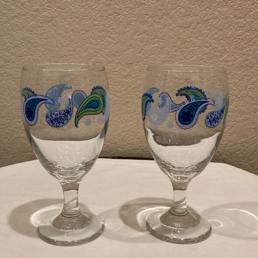 Set of 2 Libbey Paisley Wine Water Goblets Glasses Blue and Green Design 14oz
